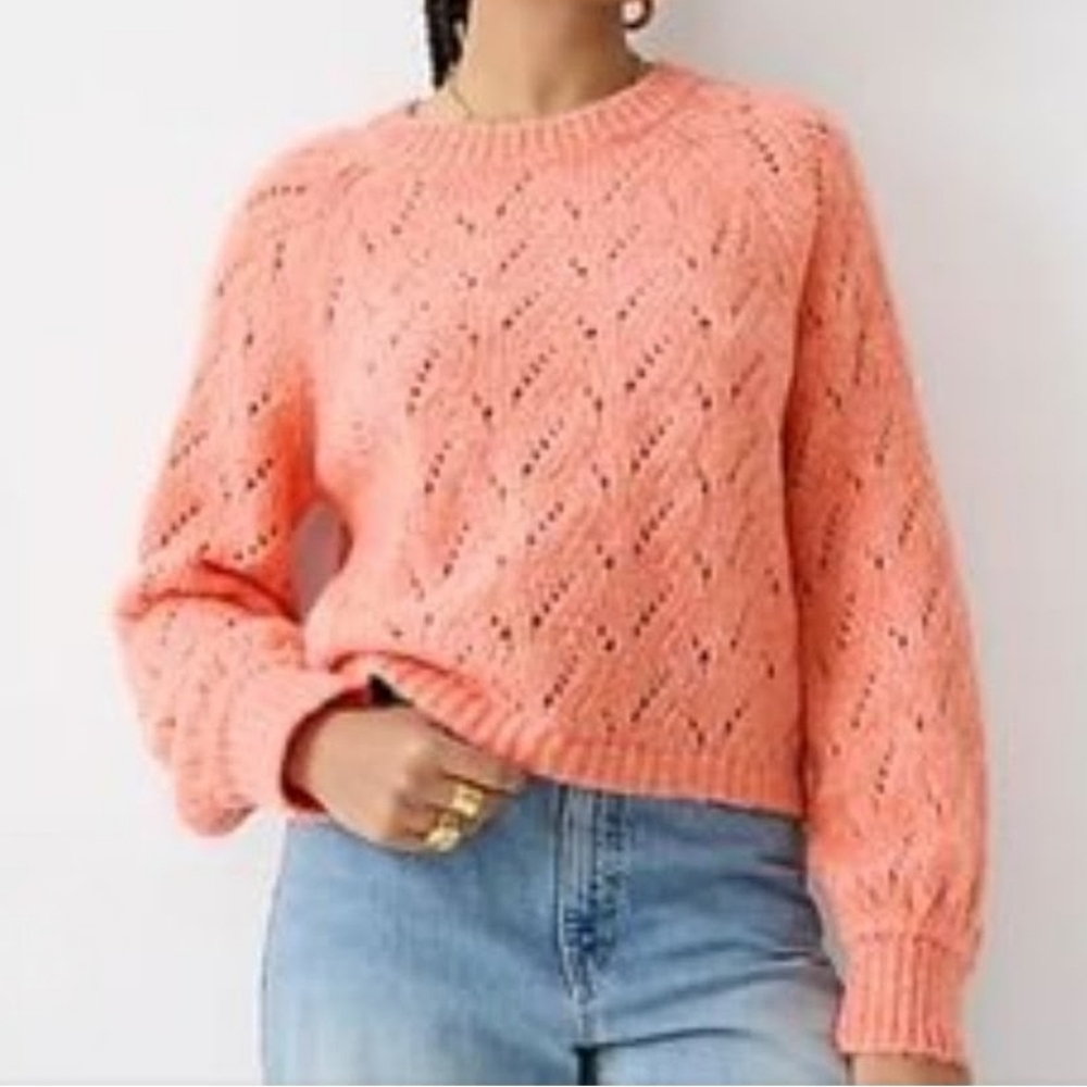 J.Crew Open Knit Pointelle Balloon Sleeve Wool Blend Sweater Size XS NWT